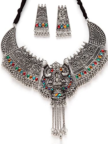 Shining Diva Oxidised Silver Necklace Set for Women - Image 2