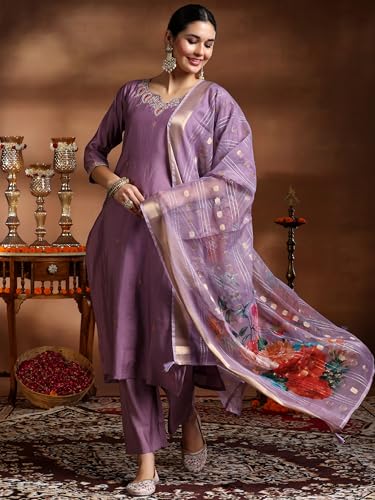 Mauve Embroidered Silk Kurta Set | Festive Indian Suit - UrbanThreads - Image 3