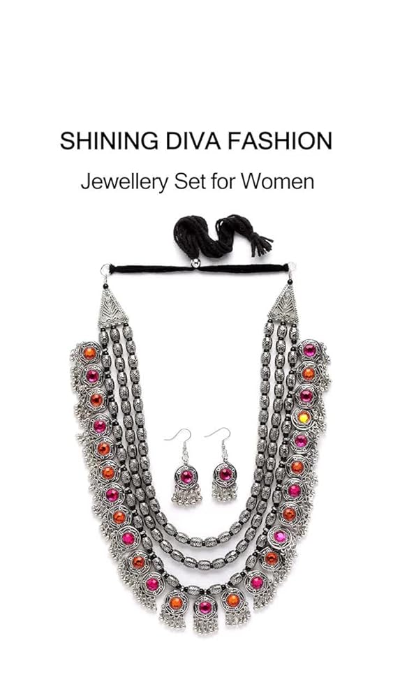 Shining Diva Oxidised Silver Tribal Necklace Set for Women - Image 3