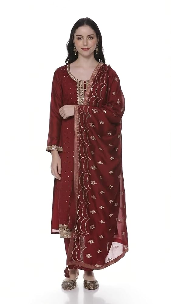 Libas Womens Embroidered Silk Blend Straight Kurta With Trousers and Dupatta - Authentic Libas Clothing | UrbanThreads - Image 3