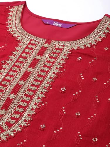 Libas Womens Embroidered Silk Blend Straight Kurta With Palazzos and Dupatta - Authentic Libas Clothing | UrbanThreads - Image 5