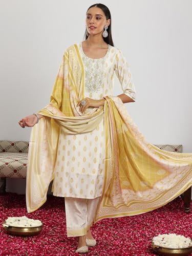 Libas Womens Printed Silk Blend Straight Kurta With Palazzos and Dupatta - Authentic Libas Clothing | UrbanThreads - Image 4