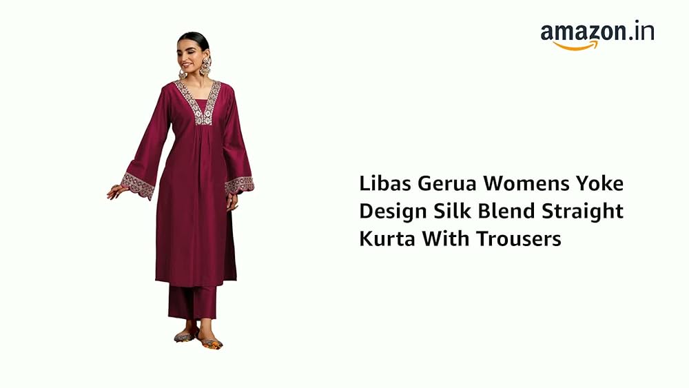Libas Gerua Womens Yoke Design Silk Blend Straight Kurta With Trousers - Authentic Libas Clothing | UrbanThreads - Image 3