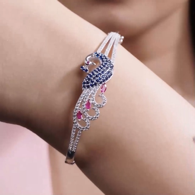 ZAVYA 925 Sterling Silver Cubic Zirconia Peacock Cuff Bracelet - Image 3