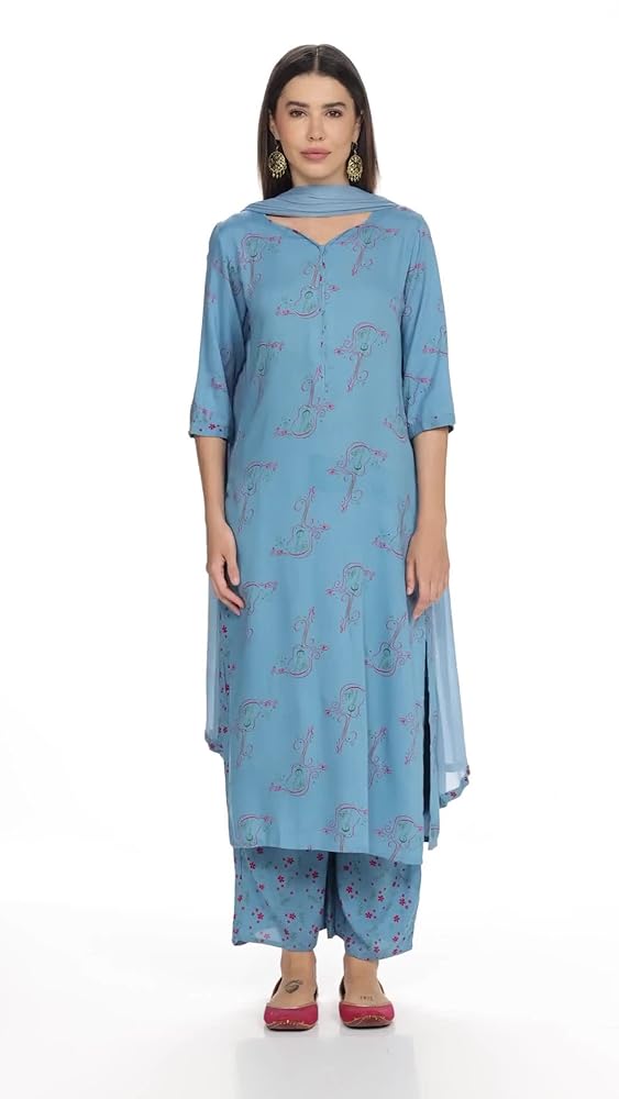 Libas Womens Printed Viscose Rayon Straight Kurta With Palazzos and Dupatta - Authentic Libas Clothing | UrbanThreads - Image 3