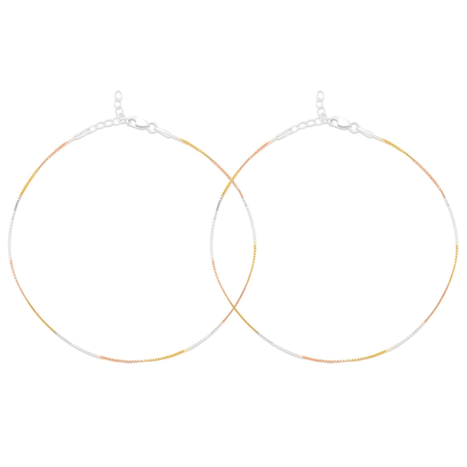 ZAVYA 925 Sterling Silver Triple Tone Chain Anklet Pair