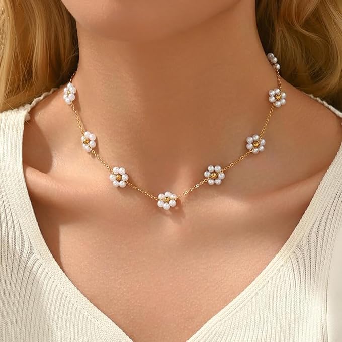 Shining Diva Daisy Pearl Necklace 18k Gold Plated Women - Image 4