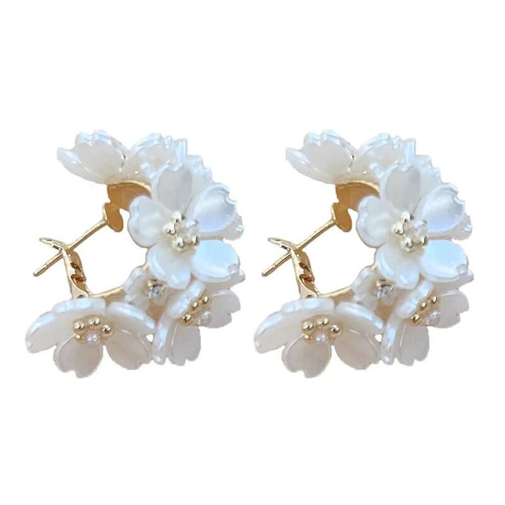 Shining Diva White Flower Hoop Earrings Shell Resin