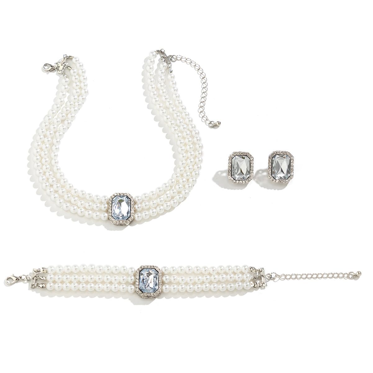 UrbanThreads Crystal Pearl Jewellery Set Necklace Earrings Bracelet