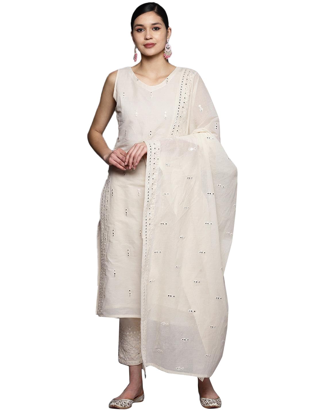 Libas Womens Embroidered Cotton Straight Kurta With Trousers and Dupatta - Authentic Libas Clothing | UrbanThreads