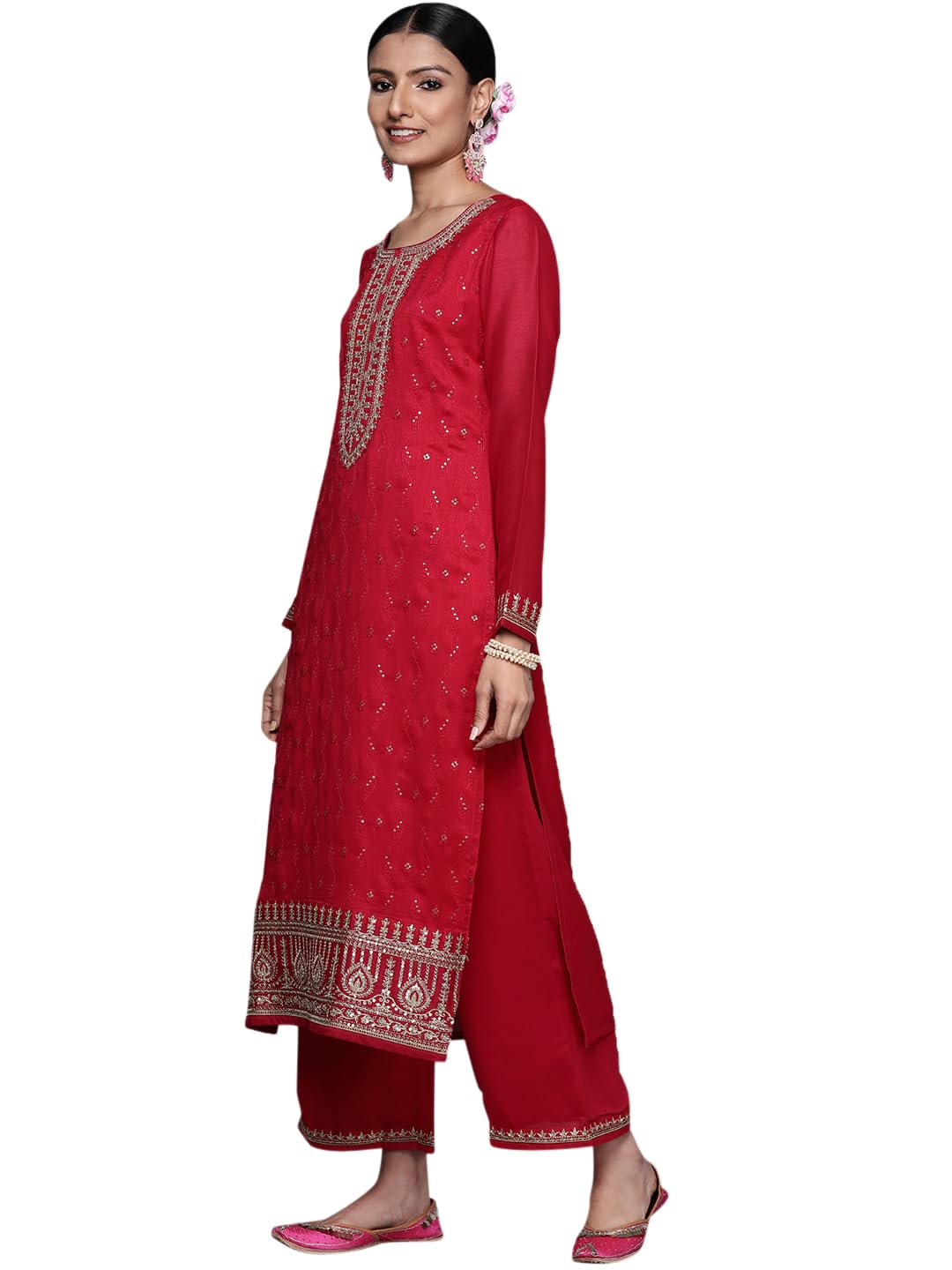 Libas Womens Embroidered Silk Blend Straight Kurta With Palazzos and Dupatta - Authentic Libas Clothing | UrbanThreads