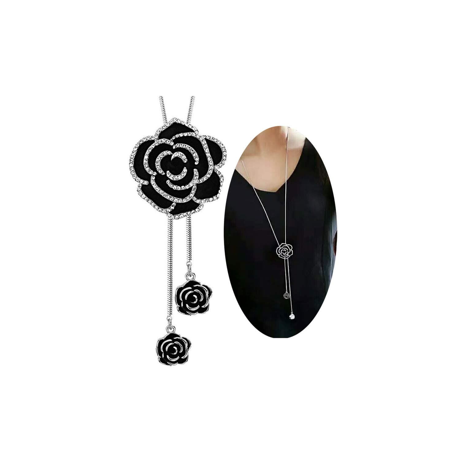 UrbanThreads Black Crystal Rose Pendant Necklace Women