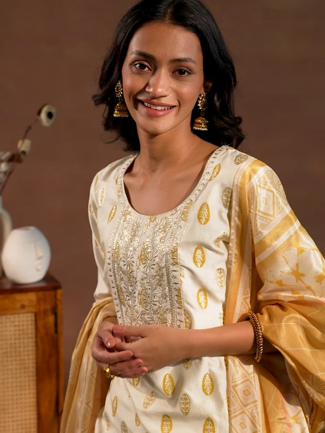 Libas Womens Printed Silk Blend Straight Kurta With Palazzos and Dupatta - Authentic Libas Clothing | UrbanThreads - Image 3