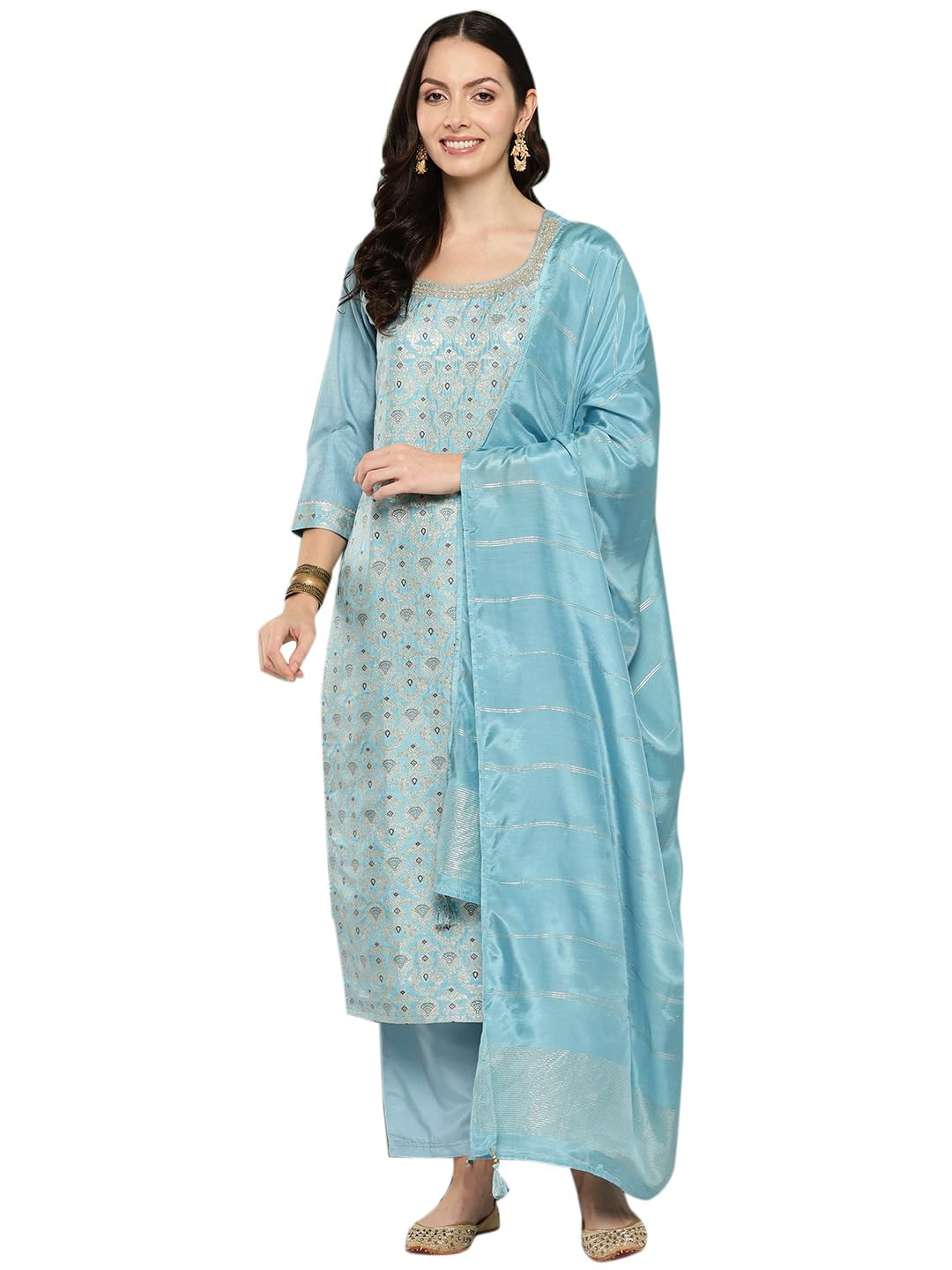 Libas Womens Woven Design Silk Blend Straight Kurta With Trousers and Dupatta - Authentic Libas Clothing | UrbanThreads