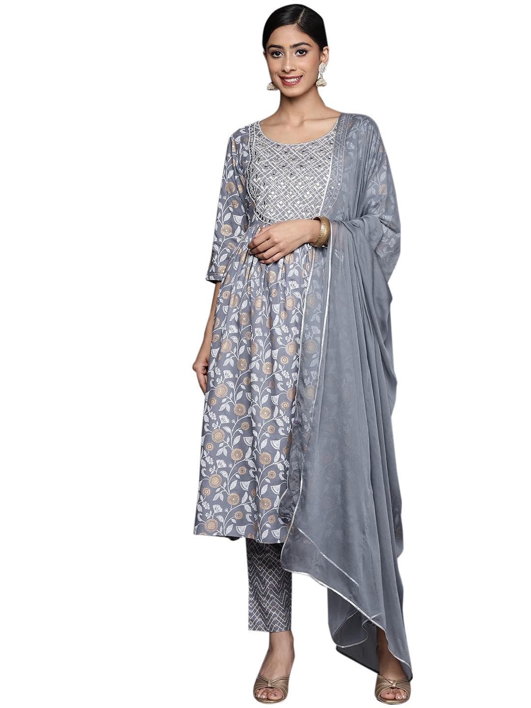 Libas Womens Yoke Design Viscose A-Line Kurta With Trousers and Dupatta - Authentic Libas Clothing | UrbanThreads