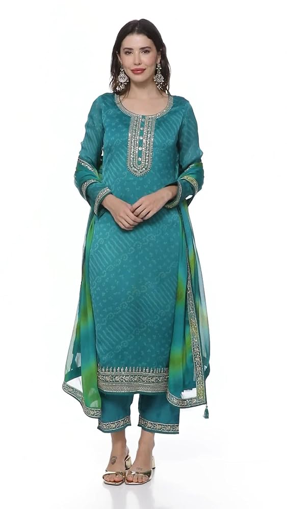 Libas Womens Printed Chiffon Straight Kurta With Trousers and Dupatta - Authentic Libas Clothing | UrbanThreads - Image 3