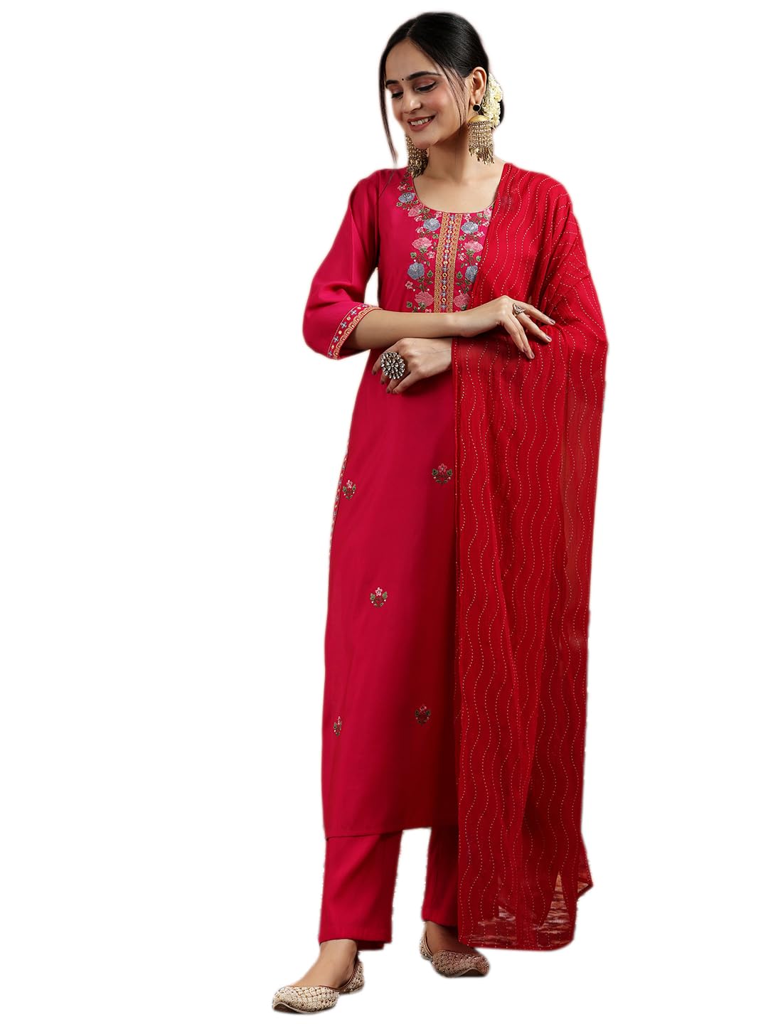 Libas Womens Embroidered Silk Blend Straight Kurta With Trousers and Dupatta - Authentic Libas Clothing | UrbanThreads