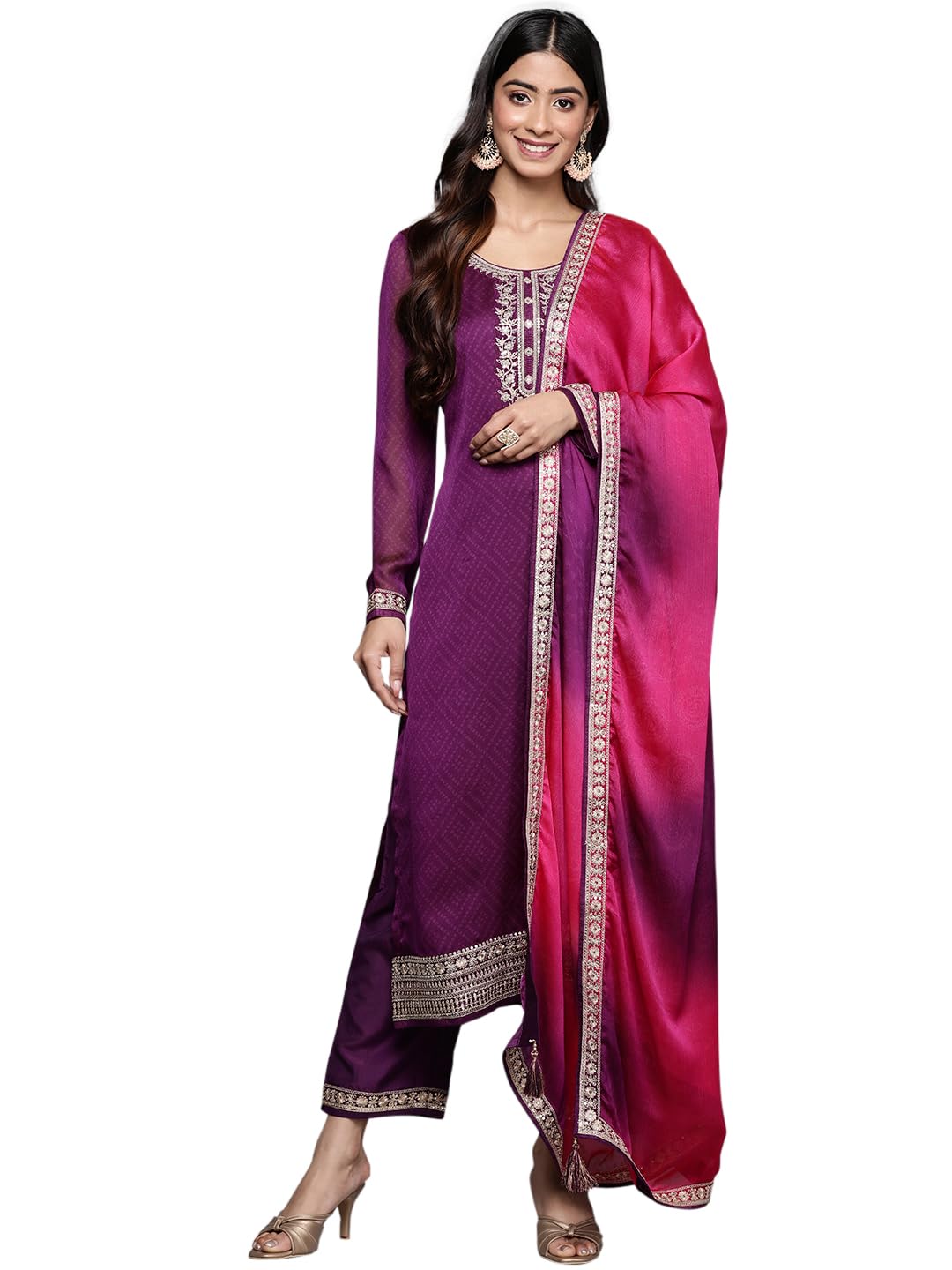 Libas Womens Printed Chiffon Straight Kurta With Trousers and Dupatta - Authentic Libas Clothing | UrbanThreads