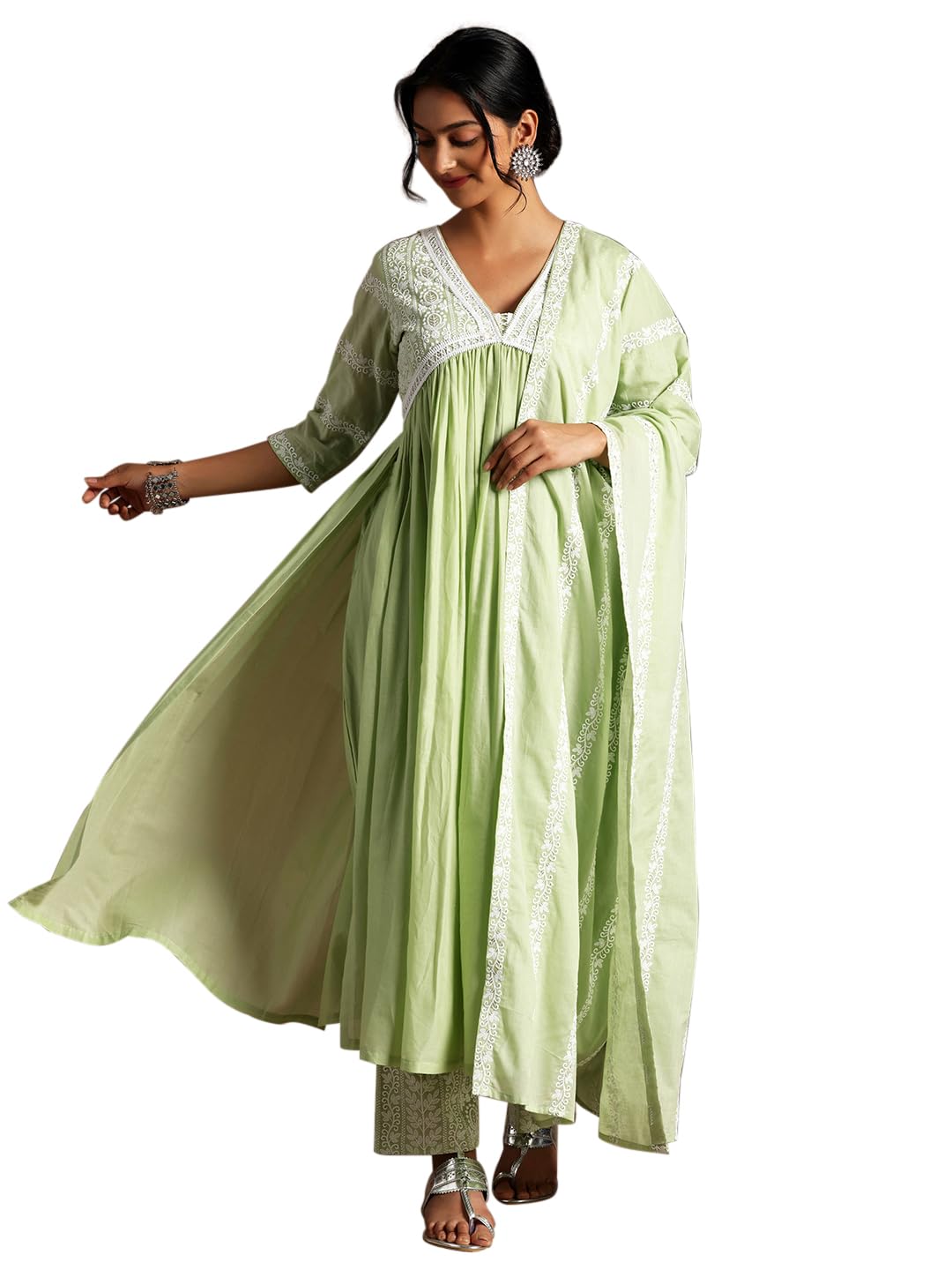 Libas Womens Embroidered Cotton A-Line Kurta With Palazzos and Dupatta - Authentic Libas Clothing | UrbanThreads