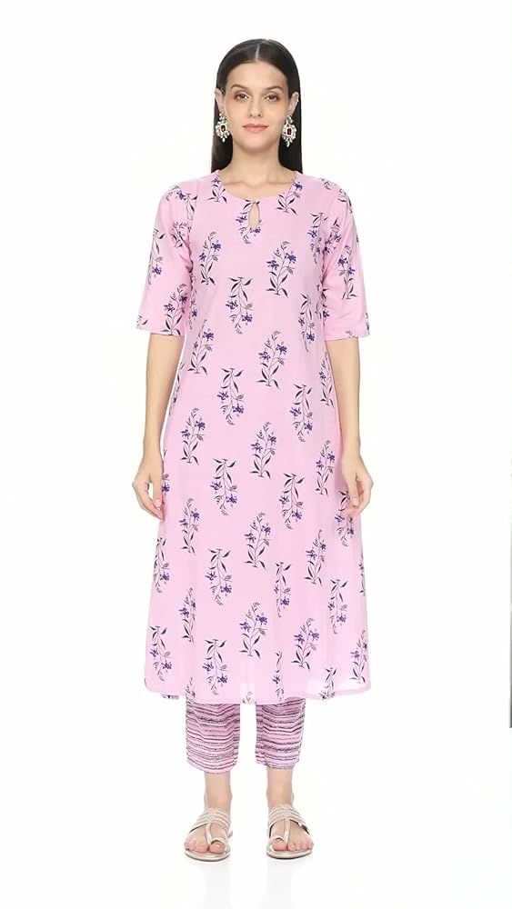 Pink Floral Print Cotton Kurta Set | Libas for UrbanThreads.in - Image 3