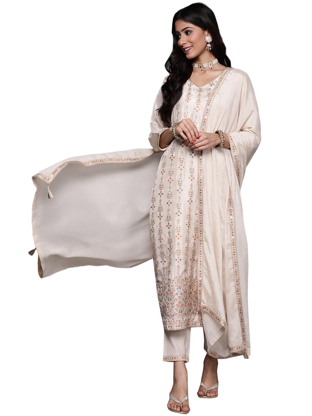 Libas Womens Woven Design Silk Blend Straight Kurta With Trousers and Dupatta - Authentic Libas Clothing | UrbanThreads