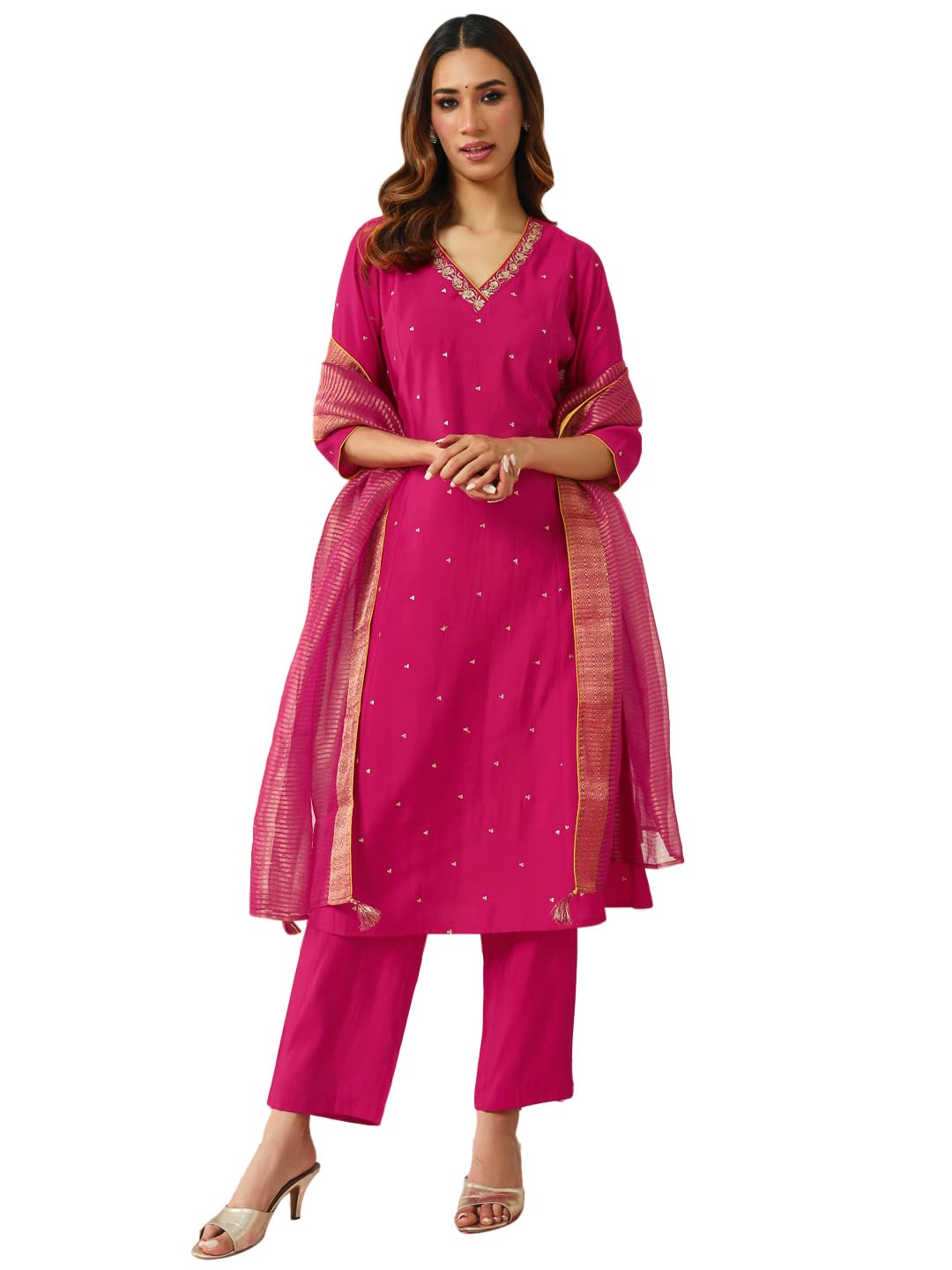 FIORRA Women's Pink Chanderi A-line Kurta with Pant and Dupatta - Authentic FIORRA Clothing | UrbanThreads