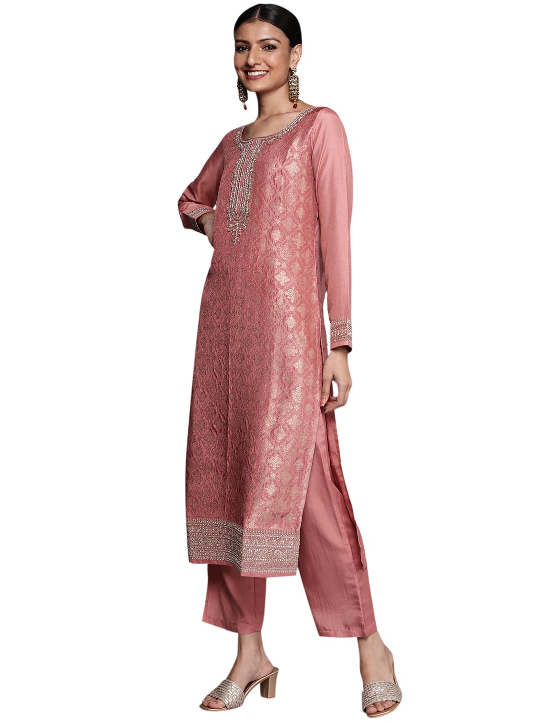 Libas Womens Self Design Silk Blend Straight Kurta With Trousers and Dupatta - Authentic Libas Clothing | UrbanThreads