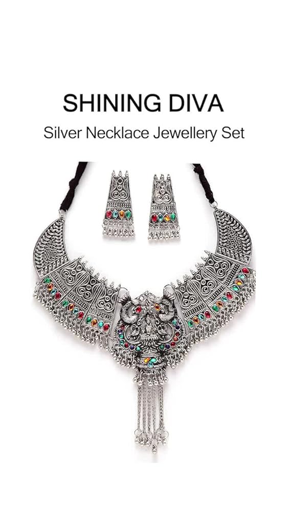 Shining Diva Oxidised Silver Necklace Set for Women - Image 3