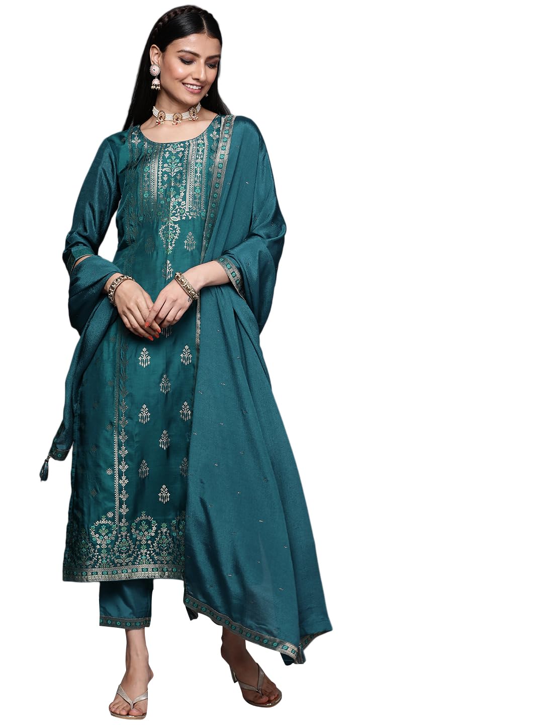 Libas Womens Embellished Silk Blend Straight Kurta With Trousers and Dupatta - Authentic Libas Clothing | UrbanThreads