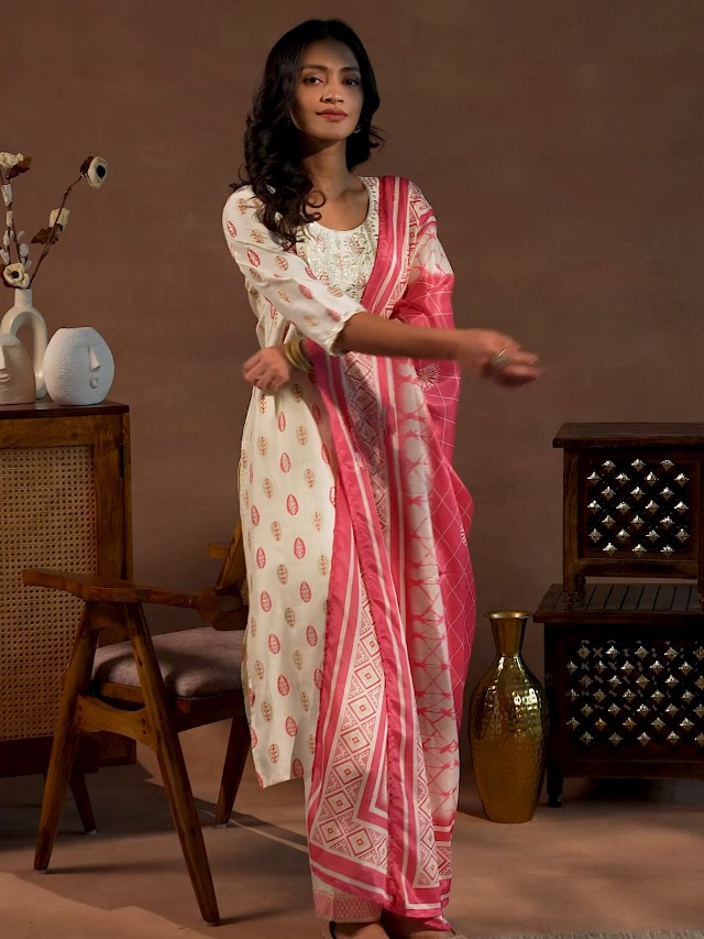 Libas Womens Printed Silk Blend Straight Kurta With Palazzos and Dupatta - Authentic Libas Clothing | UrbanThreads - Image 3