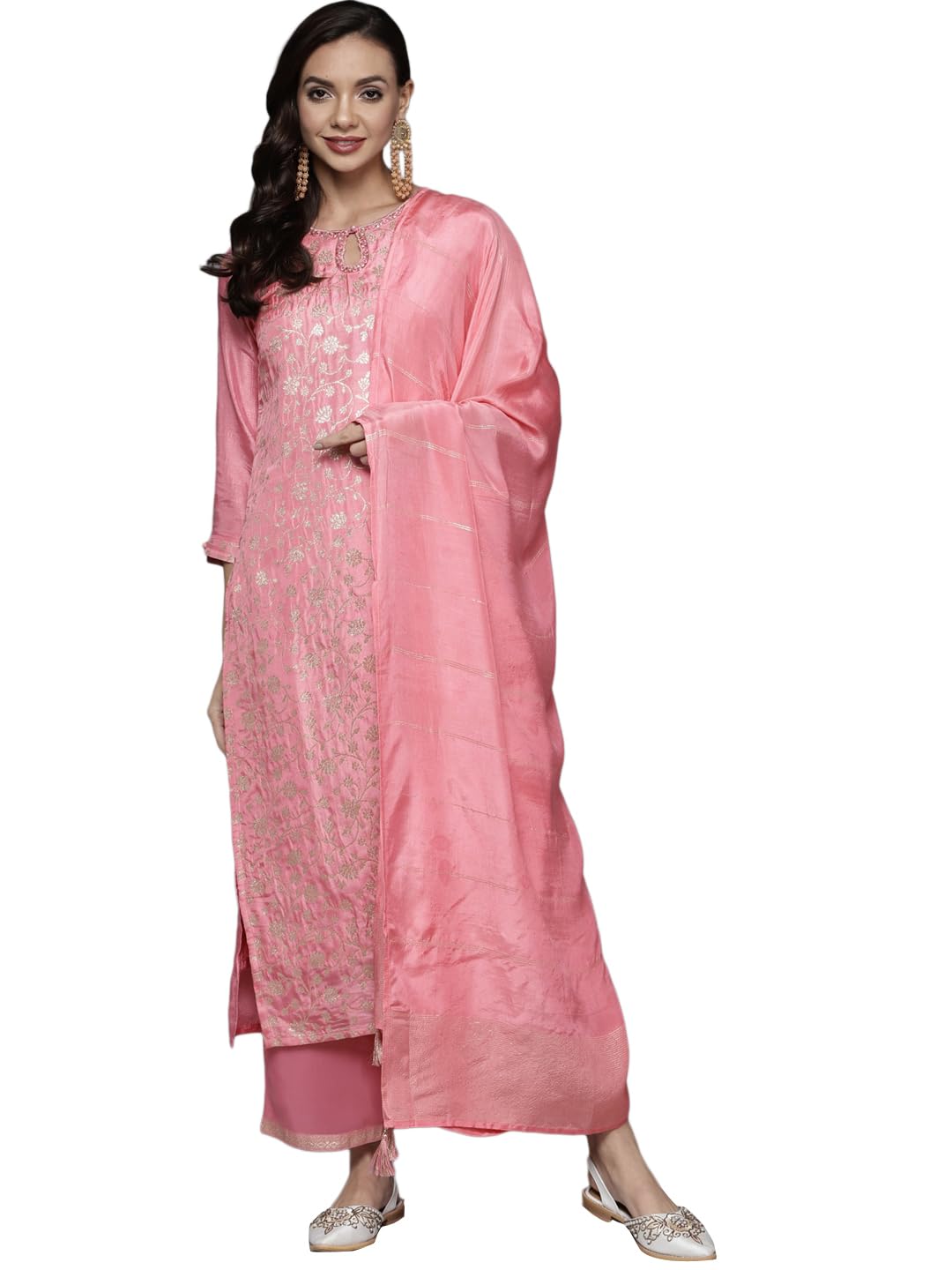 Libas Womens Woven Design Silk Blend Straight Kurta With Palazzos and Dupatta - Authentic Libas Clothing | UrbanThreads