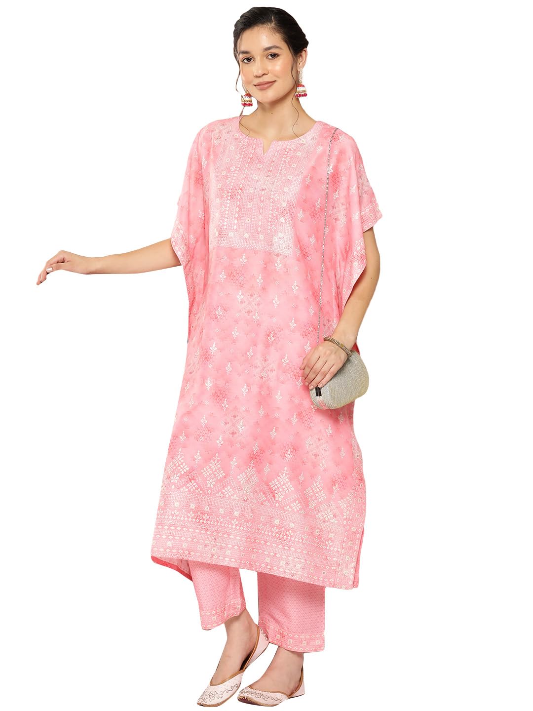 Libas Pink Printed Silk Kaftan Kurta Set | UrbanThreads.in