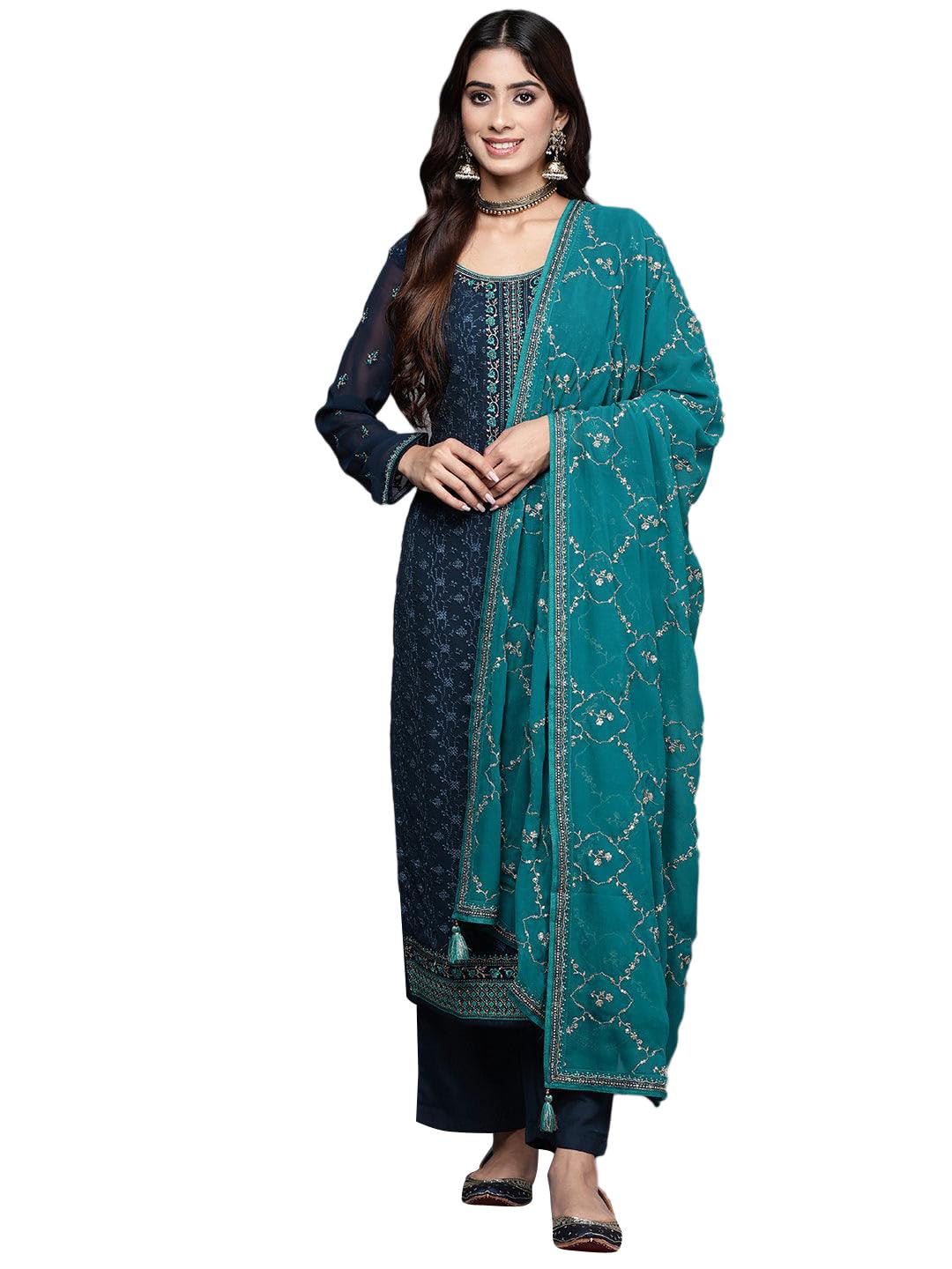 Libas Womens Embroidered Georgette Straight Kurta With Trousers and Dupatta - Authentic Libas Clothing | UrbanThreads