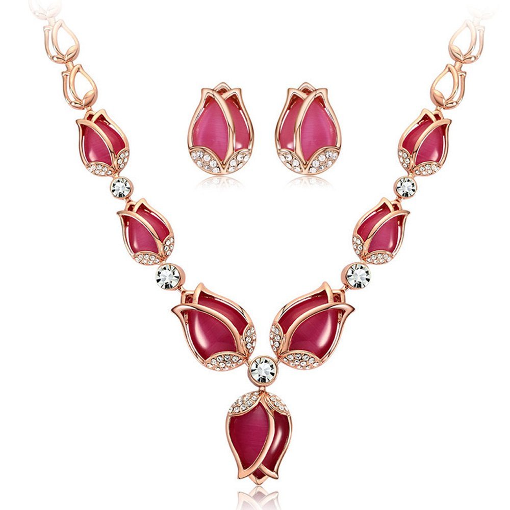 Shining Diva Rose Gold Tulip Design Earrings Necklace Set