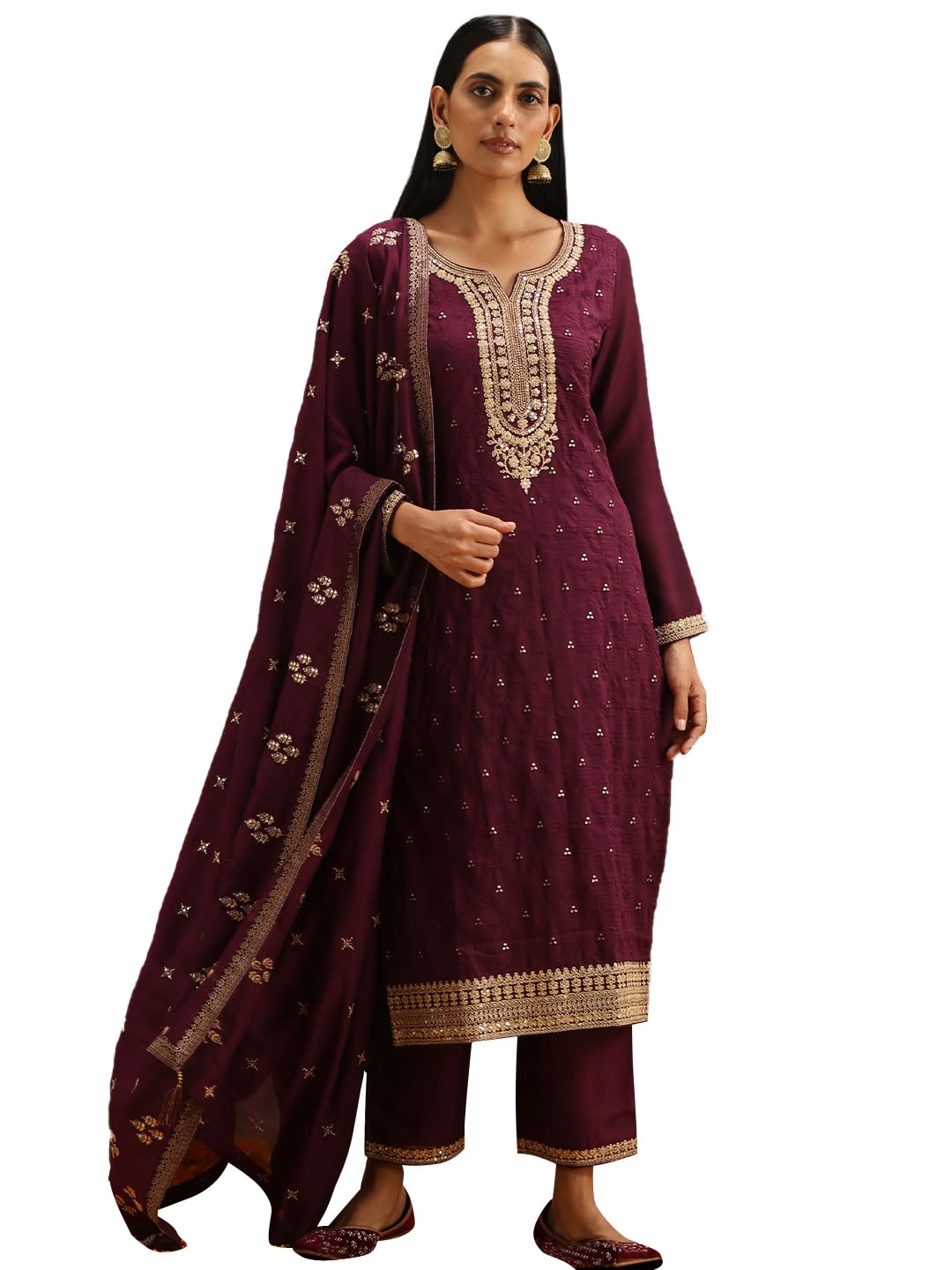 Libas Womens Embroidered Silk Blend Straight Kurta With Trousers and Dupatta - Authentic Libas Clothing | UrbanThreads