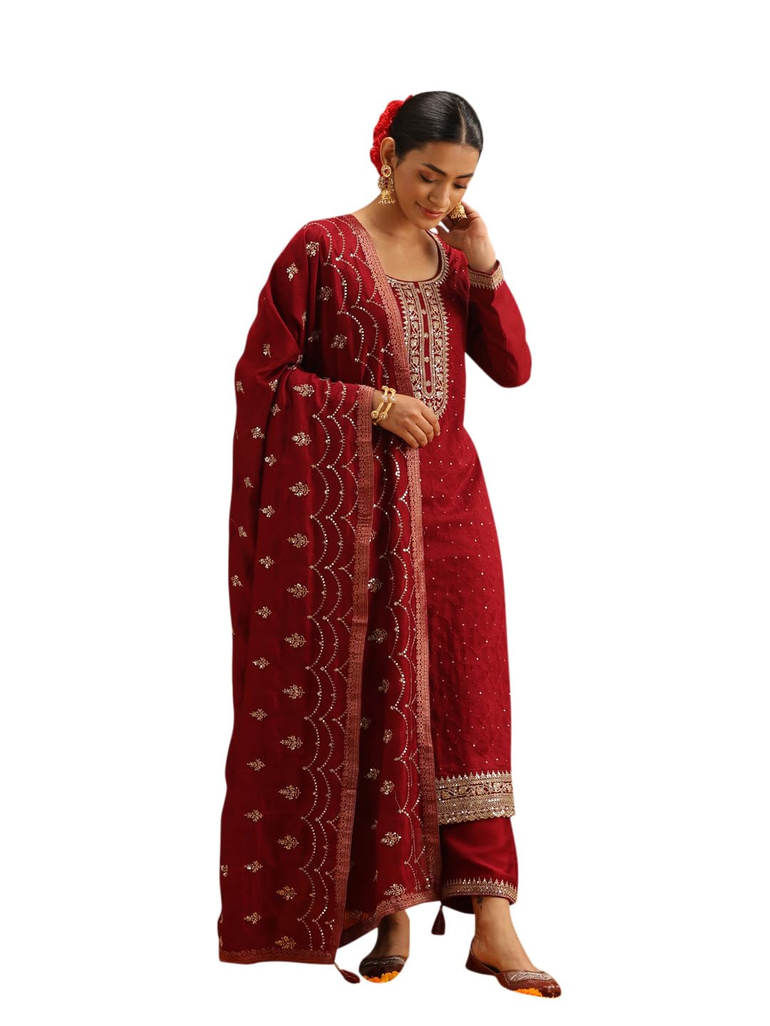 Libas Womens Embroidered Silk Blend Straight Kurta With Trousers and Dupatta - Authentic Libas Clothing | UrbanThreads