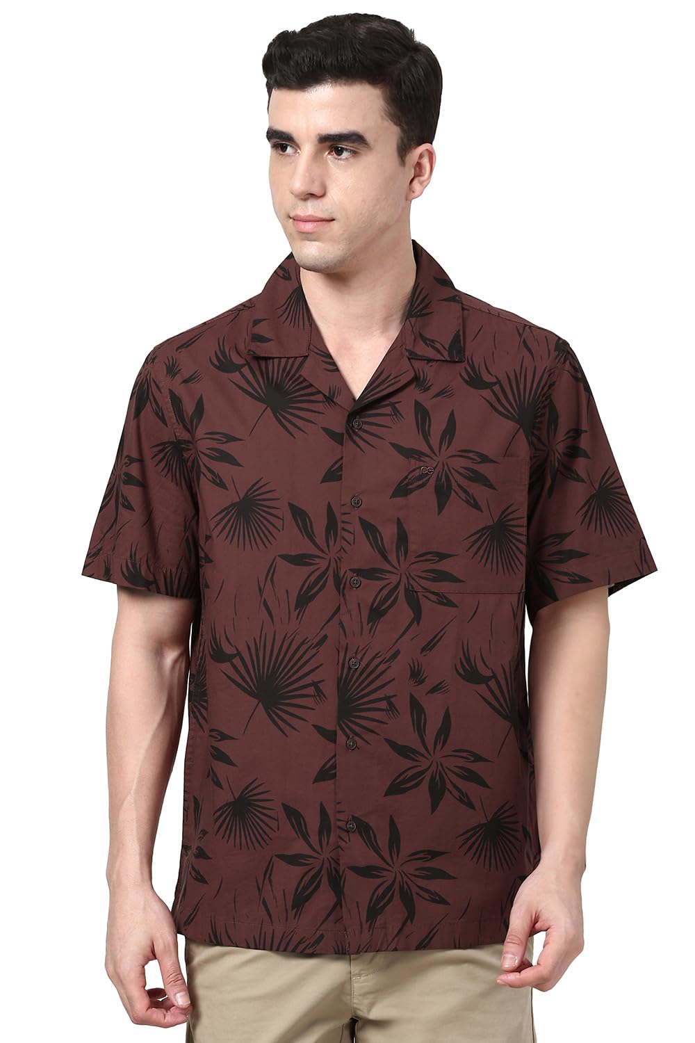 Peter England Men Cotton Blend Floral Print Shirt Cuban Collar Half Sleeves