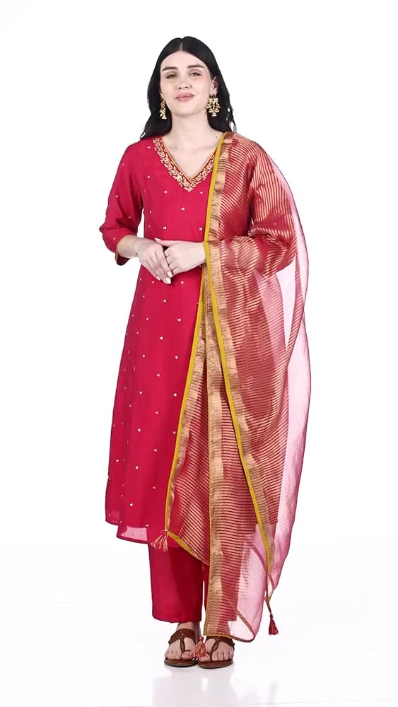 FIORRA Women's Pink Chanderi A-line Kurta with Pant and Dupatta - Authentic FIORRA Clothing | UrbanThreads - Image 3
