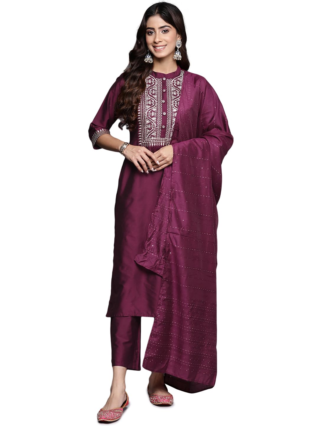 Gerua Silk Blend Kurta Set | Yoke Design, Trousers & Dupatta - UrbanThreads