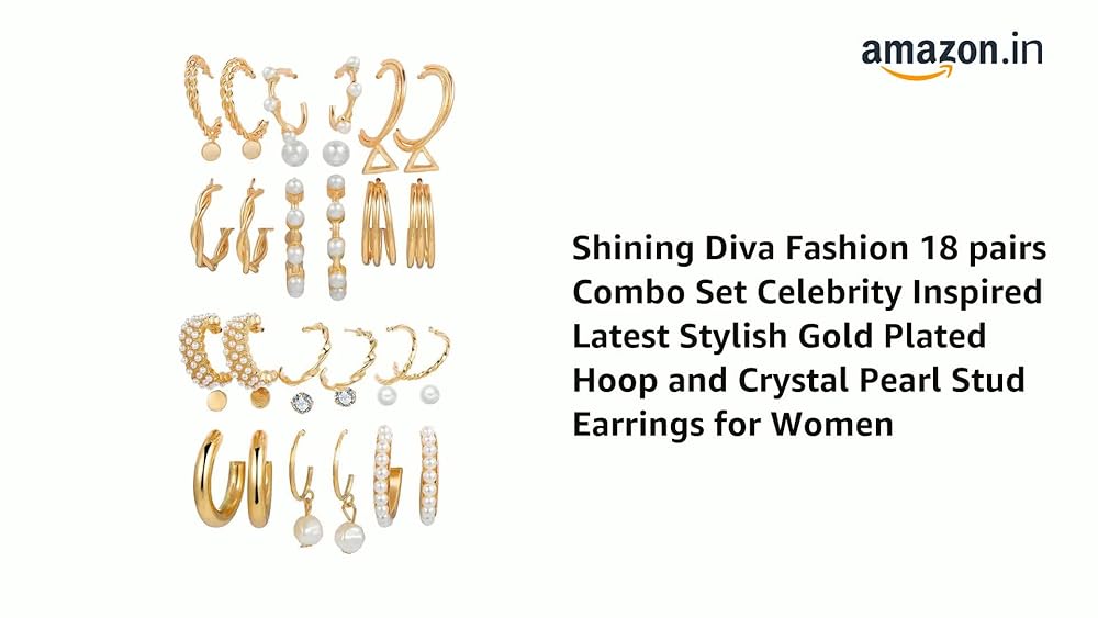 Shining Diva 18-Pair Earring Set Gold Hoops Pearl Studs - Image 3