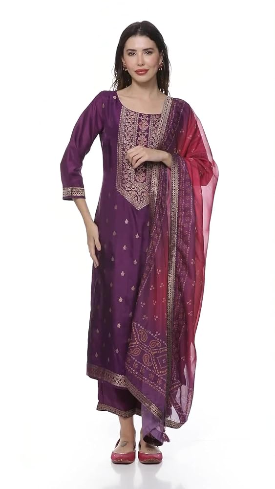 Libas Womens Self Design Silk Blend Straight Kurta With Trousers and Dupatta - Authentic Libas Clothing | UrbanThreads - Image 3