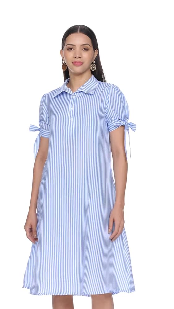 Leriya Fashion Striped Shirt Style Mini Dress for Women | Collared Casual A-Line | Tunic with Tie Sl - Authentic Leriya Clothing | UrbanThreads - Image 3