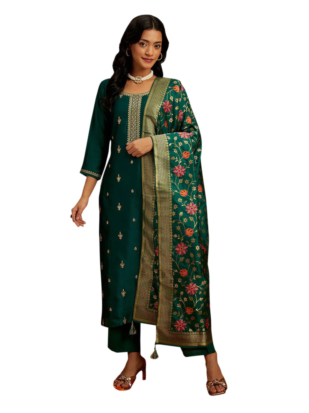 Libas Womens Embroidered Silk Blend Straight Kurta With Trousers and Dupatta - Authentic Libas Clothing | UrbanThreads