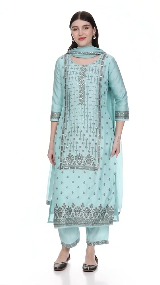 Libas Womens Woven Design Silk Blend Straight Kurta With Trousers and Dupatta - Authentic Libas Clothing | UrbanThreads - Image 3