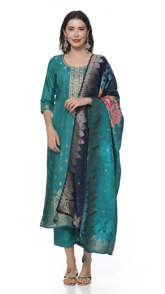 Libas Womens Self Design Silk Straight Kurta With Trousers and Dupatta - Authentic Libas Clothing | UrbanThreads - Image 3