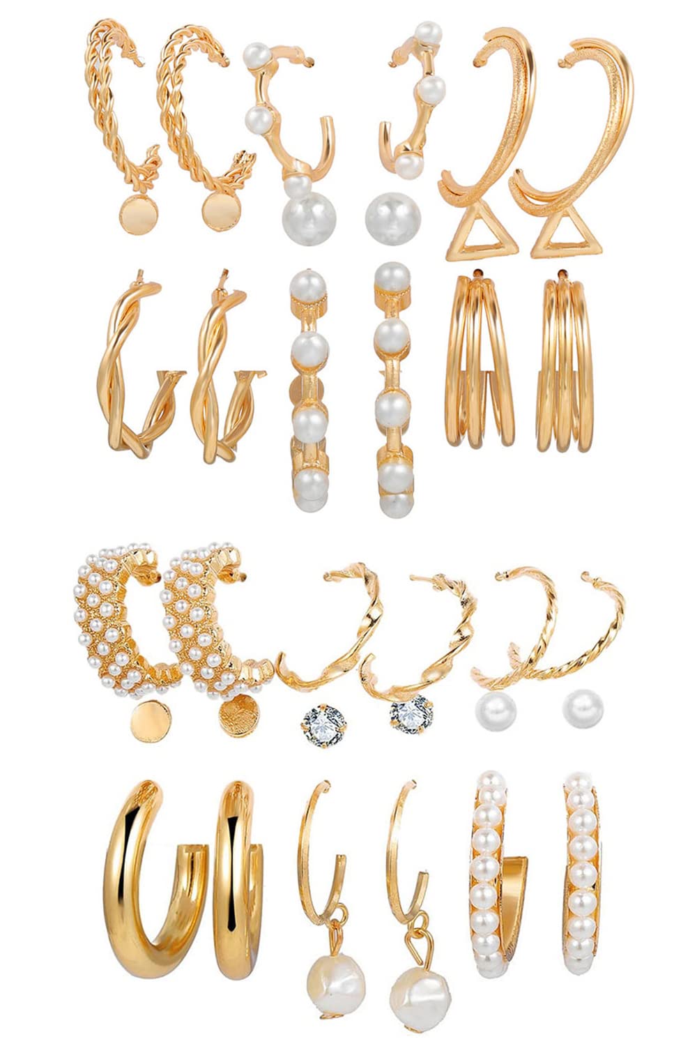 Shining Diva 18-Pair Earring Set Gold Hoops Pearl Studs