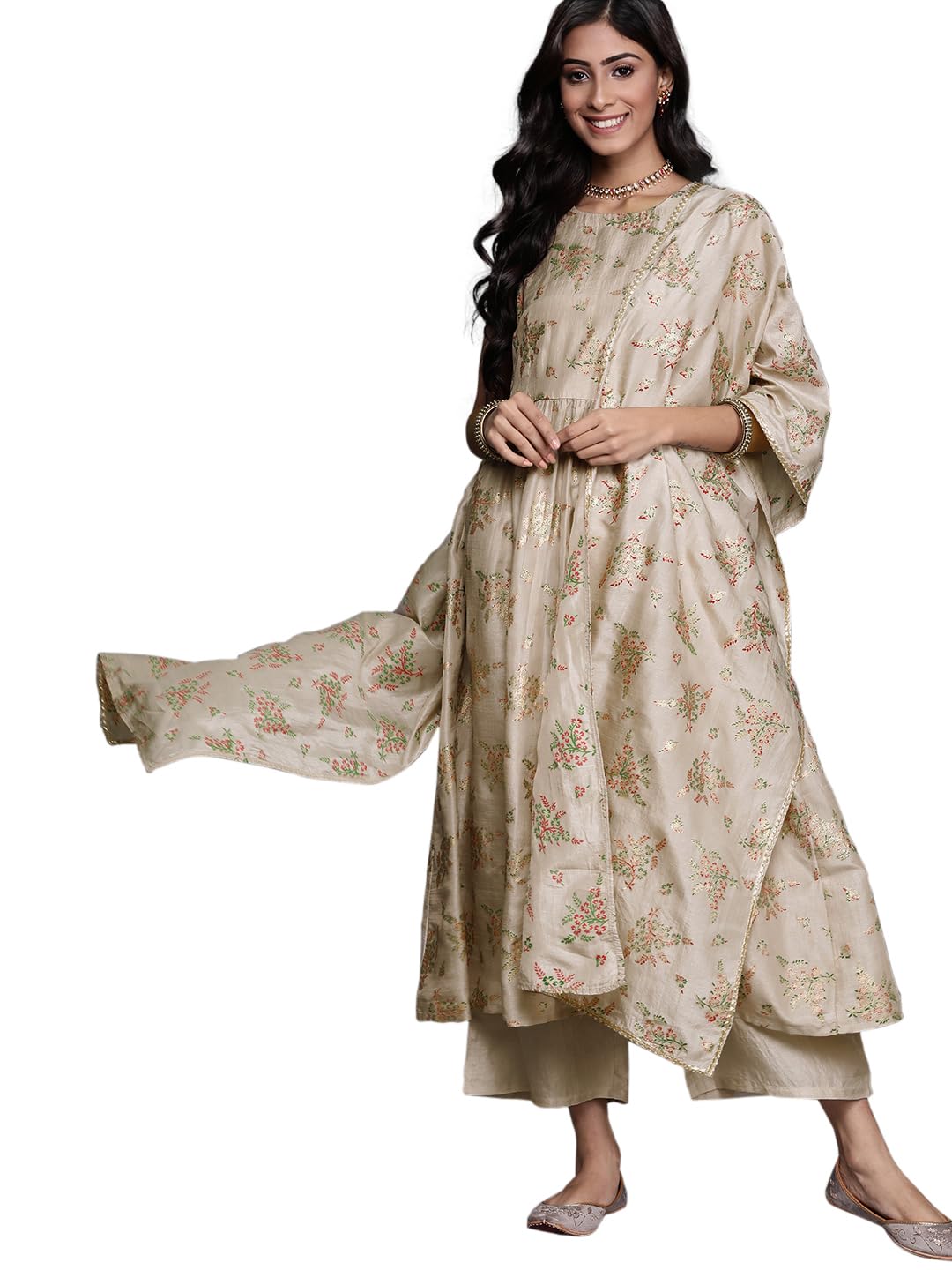 Libas Womens Printed Silk Blend A-Line Kurta With Palazzos and Dupatta - Authentic Libas Clothing | UrbanThreads