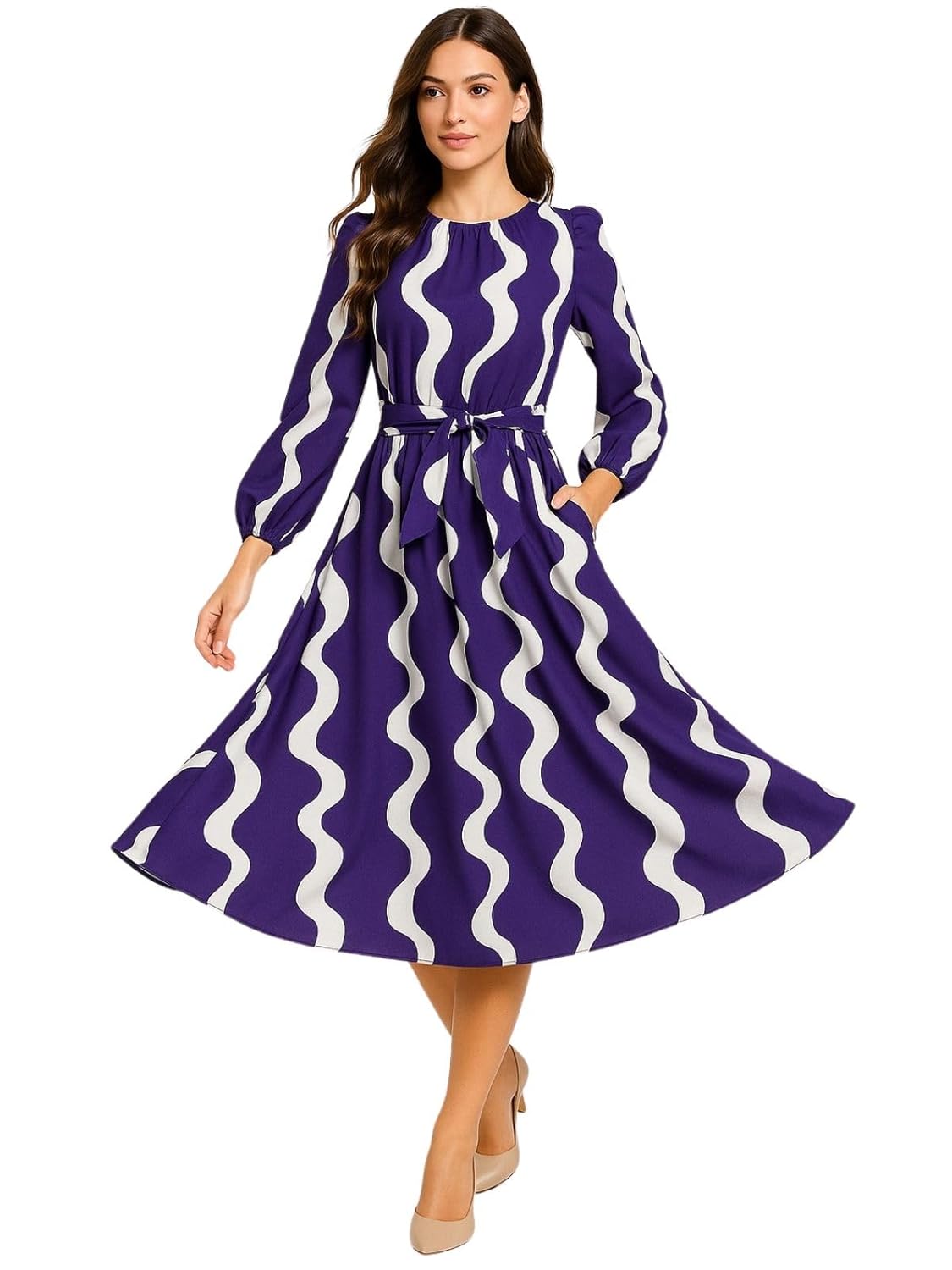 Leriya Fashion Women’s A-Line Midi Dress | Long Sleeve Belted Fit and Flare Gown | Elegant Printed C - Authentic Leriya Clothing | UrbanThreads