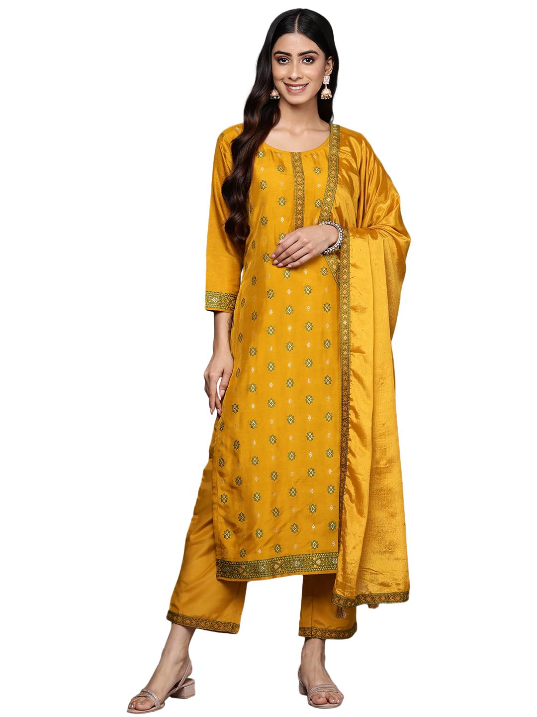 Libas Womens Self Design Silk Blend Straight Kurta With Trousers and Dupatta - Authentic Libas Clothing | UrbanThreads