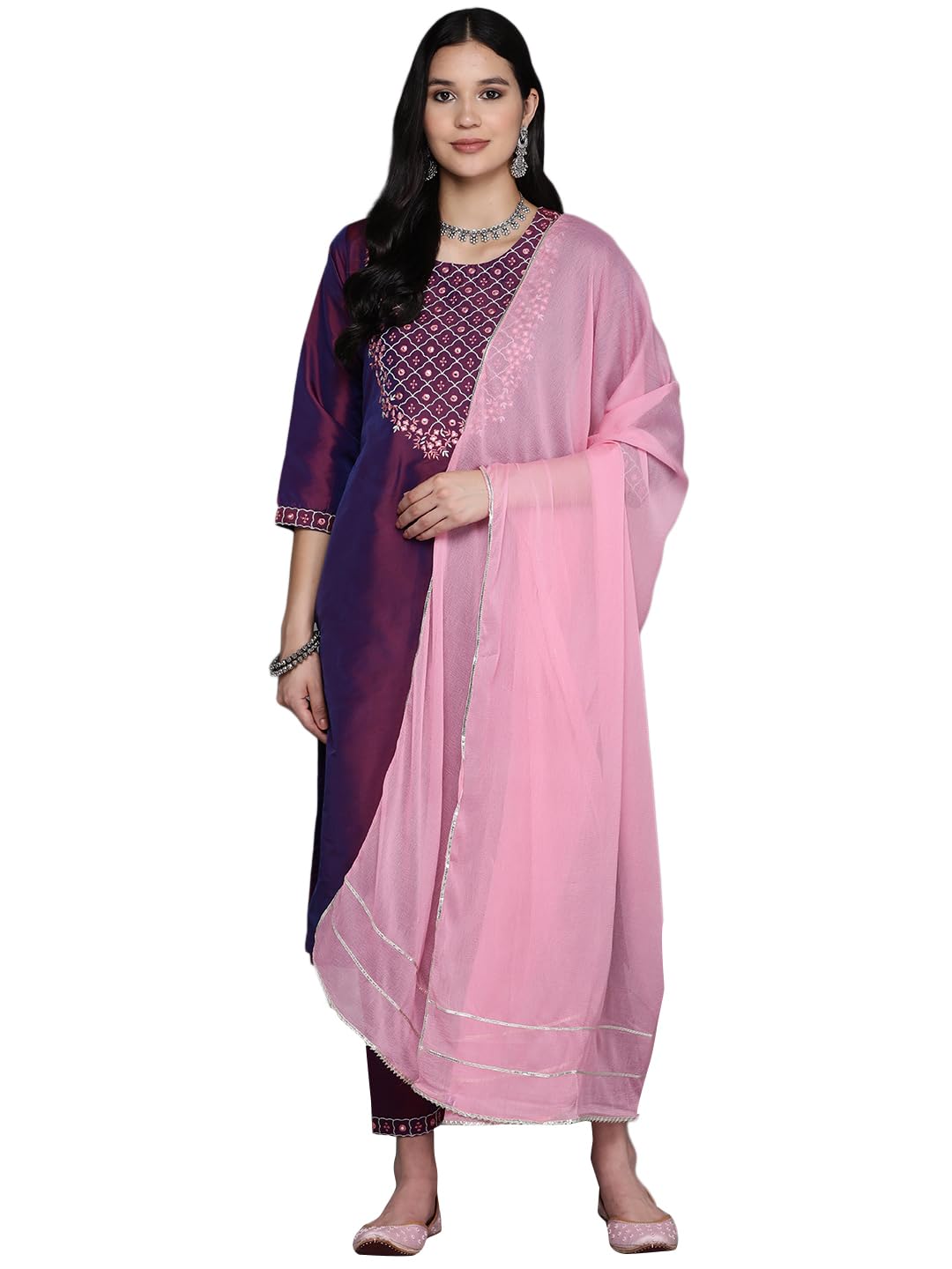 Libas Womens Embroidered Silk Blend Straight Kurta With Trousers and Dupatta - Authentic Libas Clothing | UrbanThreads